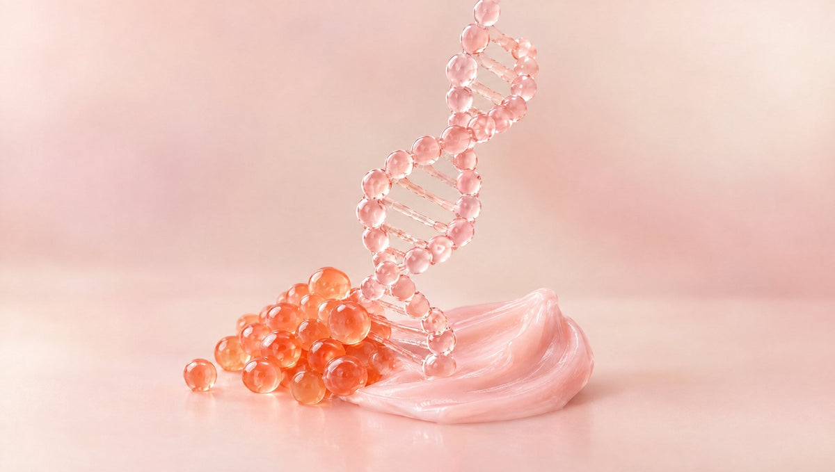 A soft-pink DNA double helix beside peach salmon-roe spheres and a swirl of pink balm, illustrating salmon PDRN