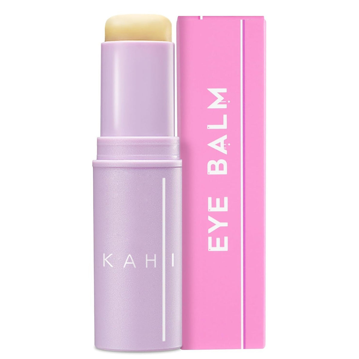 KAHI Eye Balm lilac stick, open, beside its pink box