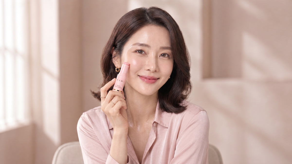 Smiling woman with dewy skin holding a KAHI Multi Balm stick to her cheek