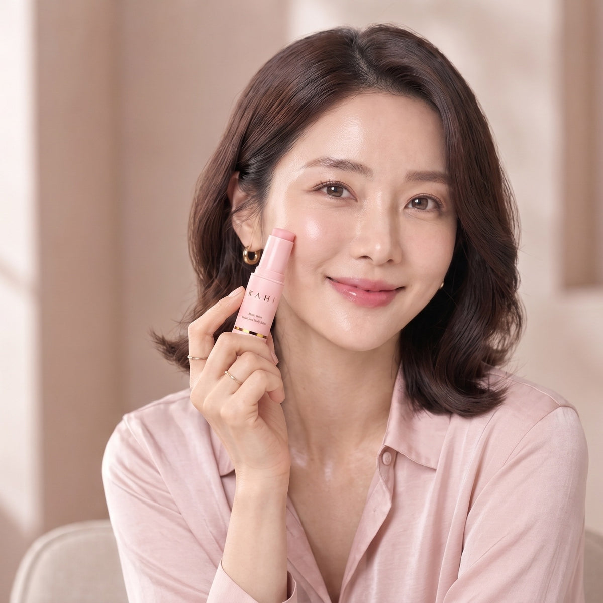 Woman holding the KAHI Multi Balm to her cheek, fresh dewy skin