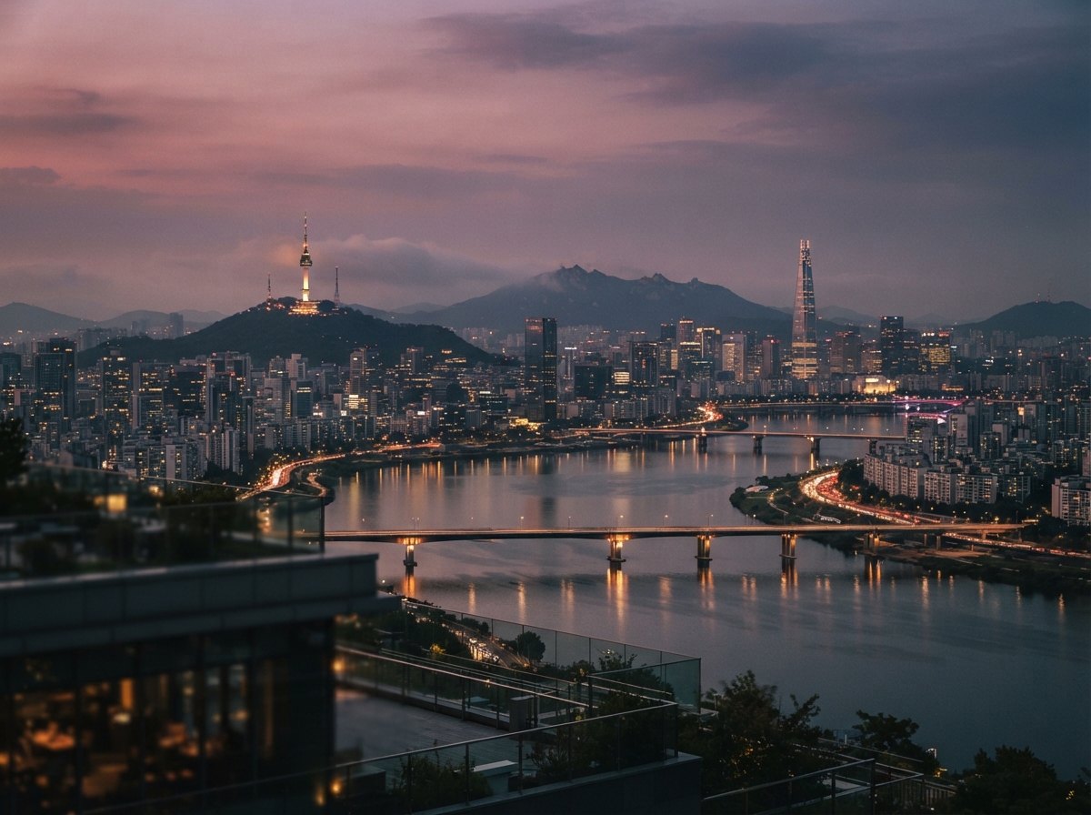 Seoul at dusk with Namsan Tower above the Han River