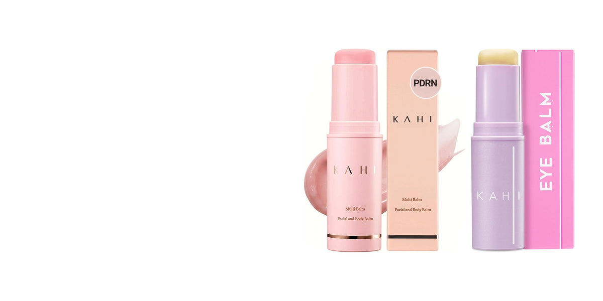 The KAHI Multi Balm and Eye Balm, the two balm sticks tested in Seoul, beside their boxes