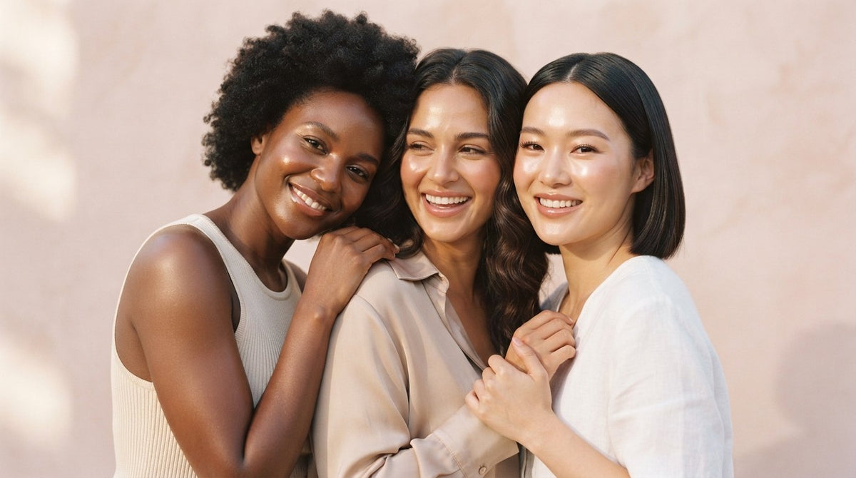 Three smiling women with different skin tones and glowing skin