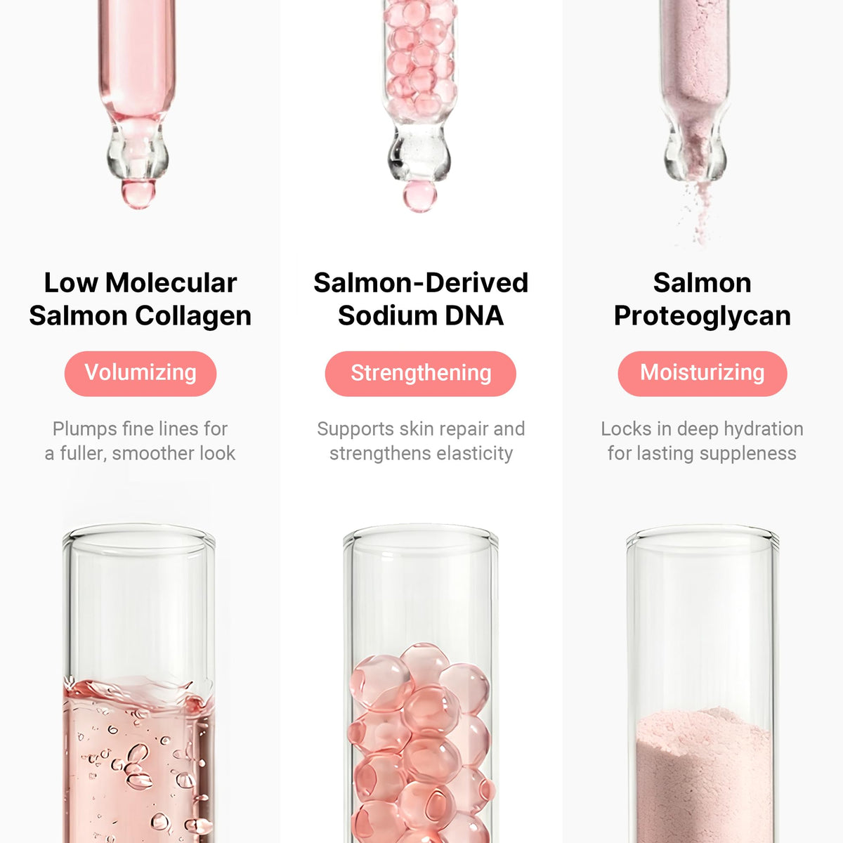 Key ingredients: low-molecular salmon collagen, salmon-derived sodium DNA and salmon proteoglycan