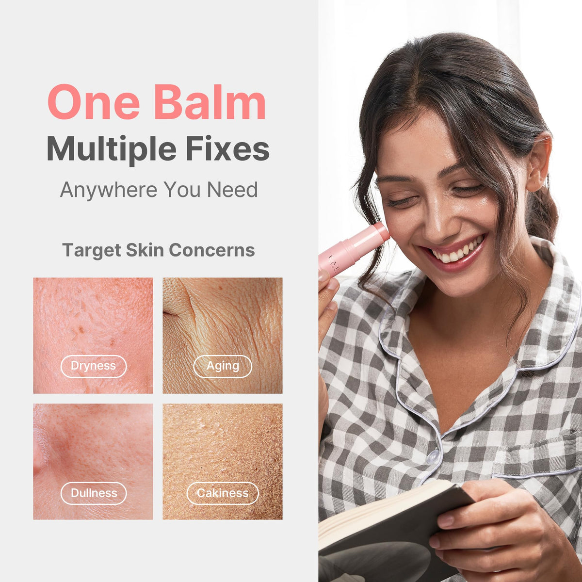 Woman applying the KAHI Multi Balm; for dryness, dullness and the look of fine lines